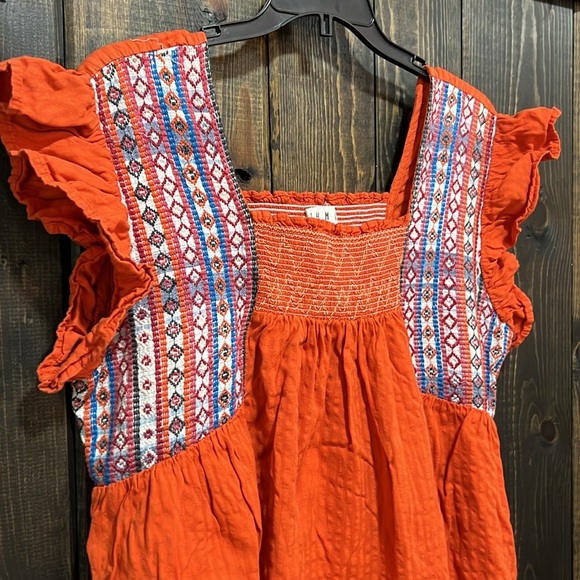 Anthropologie THML Embroidered Ruffle Top L Orange Smocked Aztec Geometric Boho - Picture 2 of 9